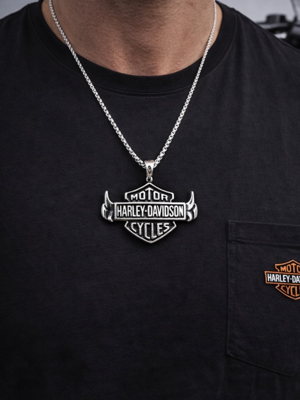 🔥 NEW Harley-Davidson 24” Polished Stainless Steel Bar & Shield Necklace